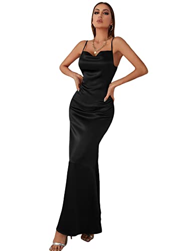 WDIRARA Women's Satin Cowl Neck Spaghetti Strap Mermaid Hem Slip